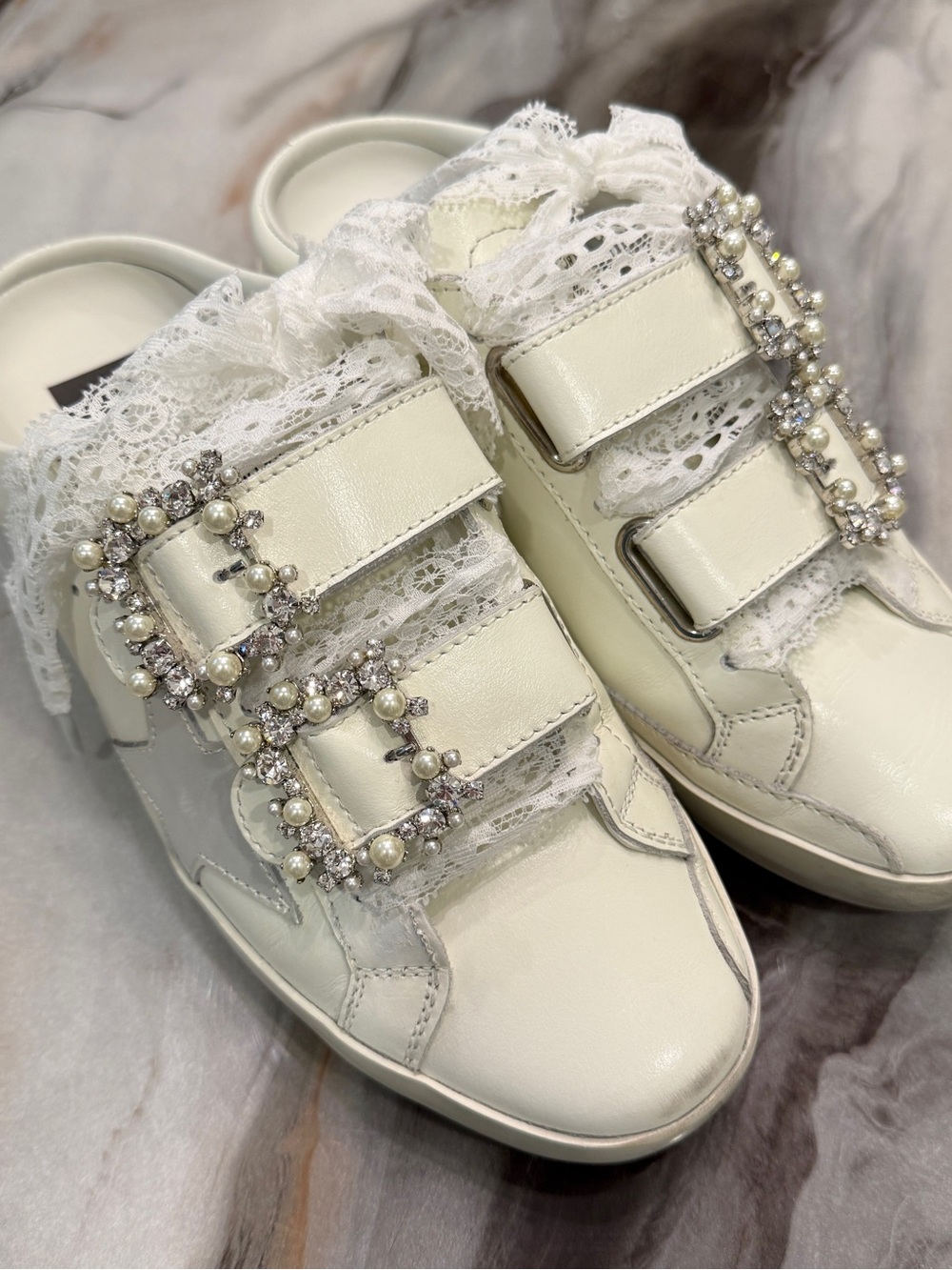 GOLDEN GOOSE Old School Sabot PEARL EMBELLISHED BUCKLE Sneakers 37/7 - Picture 5 of 16
